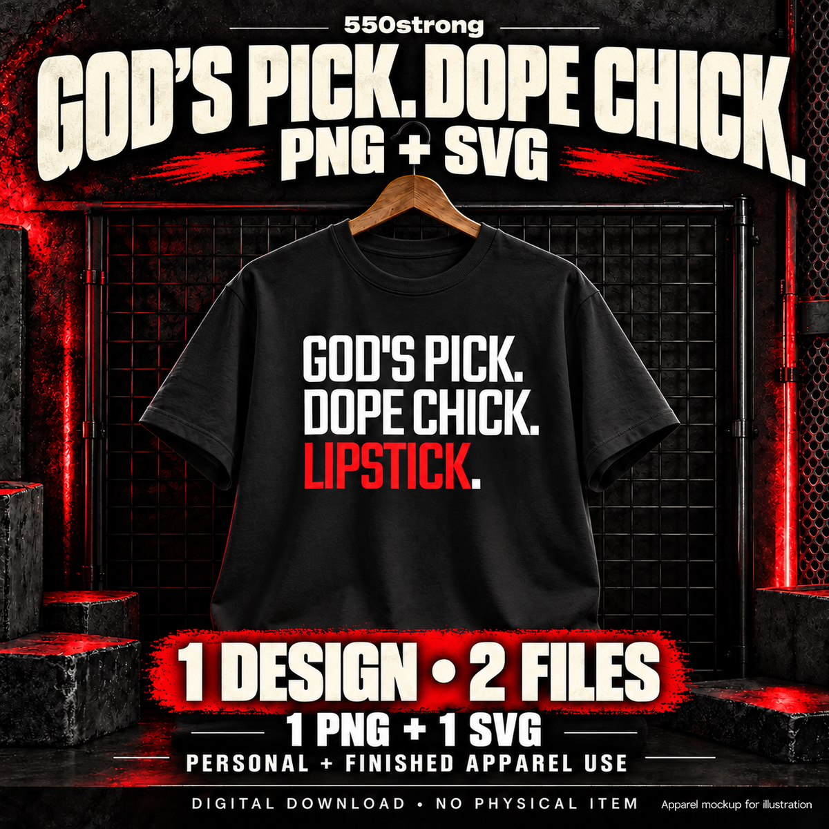 God’s Pick. Dope Chick. Lipstick. PNG + SVG digital download, one design and two files. Black shirt shown as an illustrative mockup.
