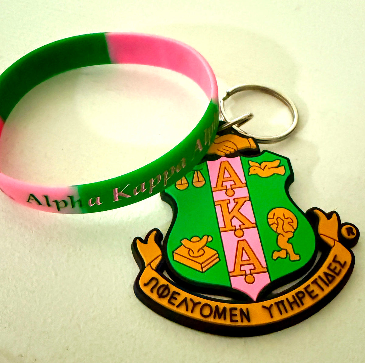 Alpha Kappa Alpha (AKA) Shield Key Chain and Bracelet Bundle v1